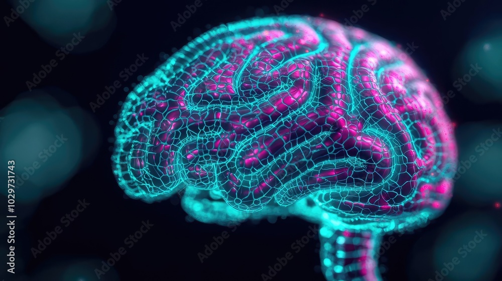 Poster colorful digital representation of a brain on a dark background.