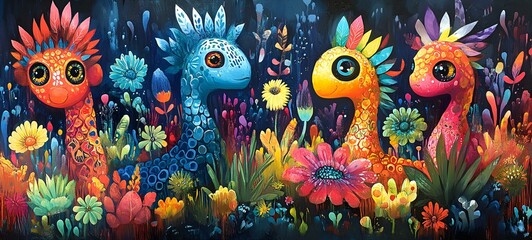 Fototapeta premium Colorful Cartoon Animals with Flowers