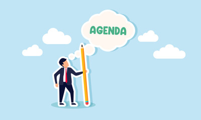 A businessman is holding a pencil while envisioning an AGENDA, illustration of designing a work agenda or schedule for effectiveness and efficiency