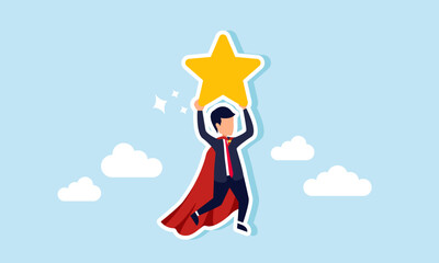 A super businessman is flying while holding a star, illustration of high-performing employees boosting the company's ratings