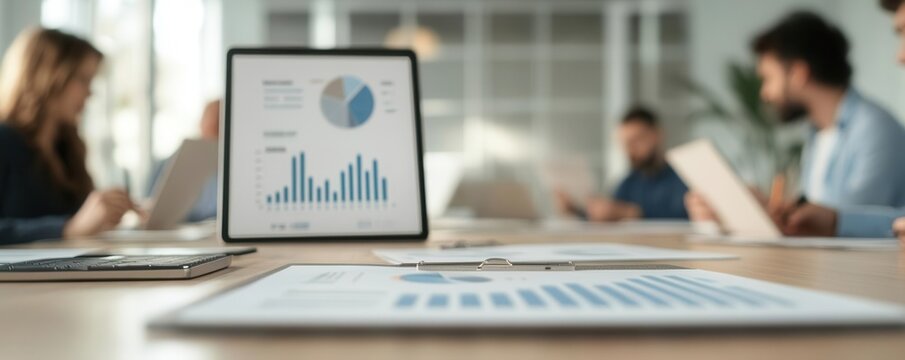 Business professionals analyzing vendor proposals and pricing data in a meeting room vendor analysis, procurement strategy