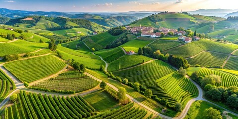 Fototapeta premium Drone view of lush green hills and vineyards in the Italian countryside , Italy, drone, landscape, countryside