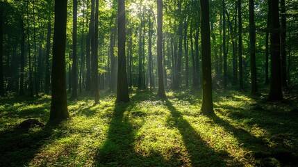 Fototapeta premium Tranquil Forest with Sunlight and Long Shadows