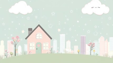 A charming minimalist wallpaper featuring a cozy house with a simple city skyline in the background, accented by soft pastel tones like blush pink, lavender, baby blue, and mint green. 