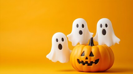 Obraz premium Halloween ghosts with funny pumpkin on orange background. Happy halloween holiday concept