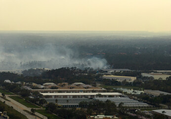 Obraz premium Wildfire burning severely during dry winter season in North Port city, Florida. Thick smoke rising up over suburb homes