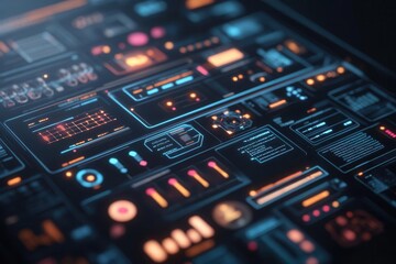 Obraz premium Cyber risk governance, floating holographic interface, dark futuristic backdrop, neon data points