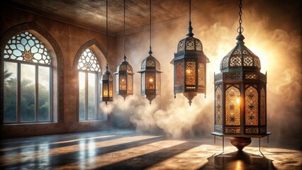 Arabic lanterns hanging in a dusty, foggy room with sunlight streaming through window , Arabic, lanterns, dusty, foggy