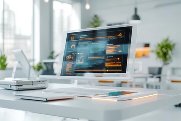 Cybersecurity compliance system, floating holographic data, sleek modern office, futuristic visual design