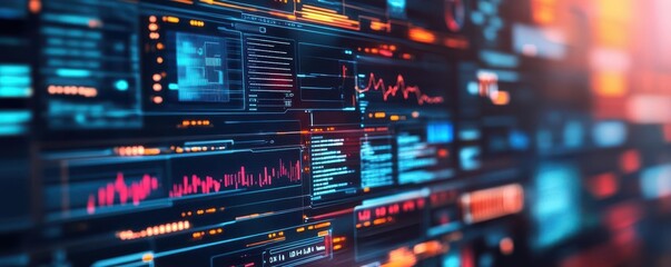 Digital governance system, holographic data streams, neon-lit background, advanced corporate environment