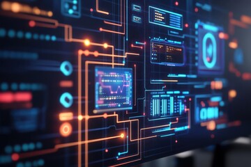 Fototapeta premium Risk control system, virtual holographic panels, sleek office backdrop, neon circuit data flow