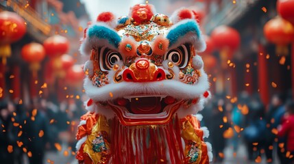 Fototapeta premium A dragon costume with red and blue feathers is standing in front of a crowd of people. The dragon is surrounded by red lanterns, which create a festive atmosphere