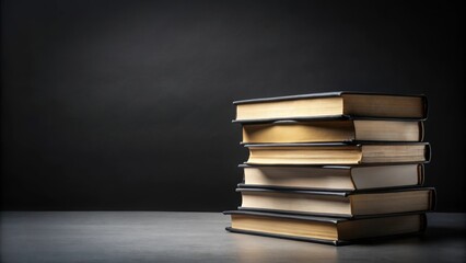Stack of black books on a black background, symbolizing learning and knowledge , magic, mysticism, esotericism, education, reading