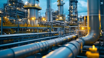 A large industrial plant with many pipes. Concept of industrialization and the importance of the plant in the production of goods