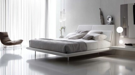 Minimalist white bedroom featuring a stylish modern bed, spacious and clean
