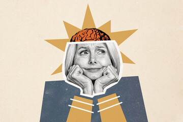 Creative collage picture elder woman grandmother think overthinking dilemma brain psychedelic...