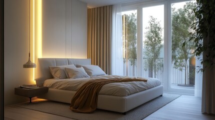 Fototapeta premium Modern bedroom decor with double bed, minimal style, natural lighting