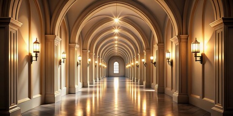 Vaulted hallway with elegant doors lined in softly illuminated atmosphere, vaulted, hallway, elegant, doors
