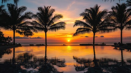 Obraz premium Serene Tropical Sunset with Calm Water Reflection