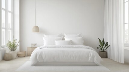 Fototapeta premium Modern bedroom with white tones, minimalist decor, featuring a double bed