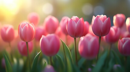 Obraz premium A field of pink tulips with the sun shining on them