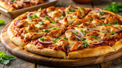 Delicious homemade barbecue chicken pizza with crispy crust and gooey cheese, barbecue, chicken, pizza, homemade, food, delicious