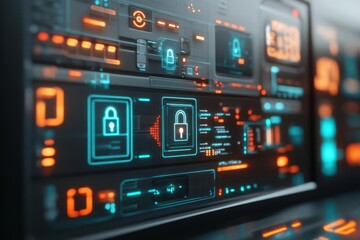 Copyright protection firewall, floating holographic locks, advanced tech setup, glowing data flow