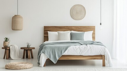 Modern double bed in a bright room, white walls, minimal decor