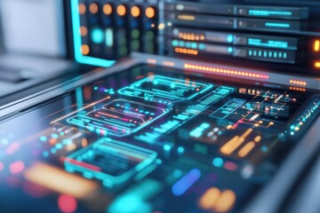 Obraz premium Copyright protection system, glowing holographic data layers, advanced tech setup, secure digital environment