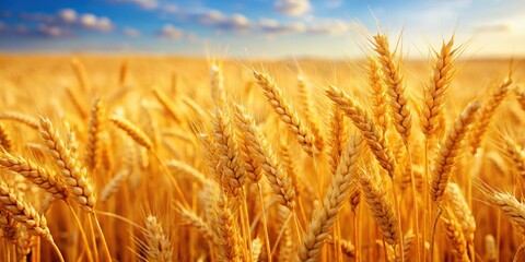 Closeup of golden wheat field ready for harvest, agriculture, farming, crop, harvest, nature, countryside, growth, autumn, rural
