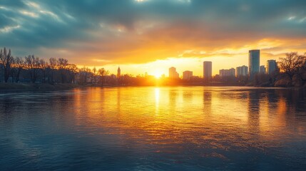 Fototapeta premium Serene Warm Sunset Over Cityscape Reflected in Water