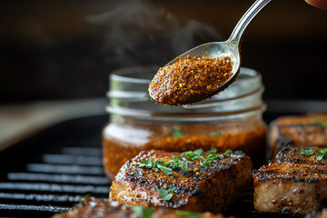 A side view of a jar of BBQ seasoning, with a spoonful being sprinkled over pork chops before grilling