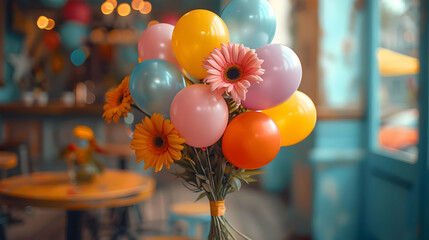 Colorful Balloons and Gerbera Daisies in a Bouquet - Photo