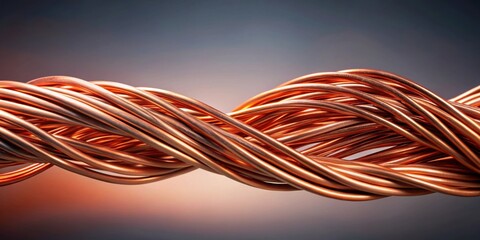 Close-up of twisted red copper wires against gradient background, copper, wires, twisted, red, shiny, texture