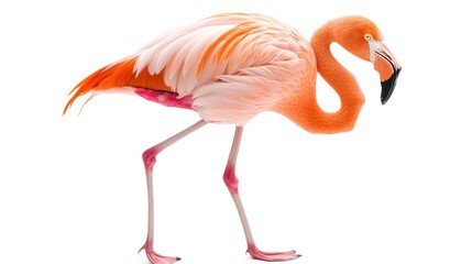 Obraz premium Elegant Flamingo Standing Gracefully on a White Background, Capturing the Beauty of Nature and the Exotic Charm of This Tropical Bird