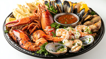 A front view of a seafood platter featuring BBQ shrimp, lobster, and clams, served with a dipping sauce