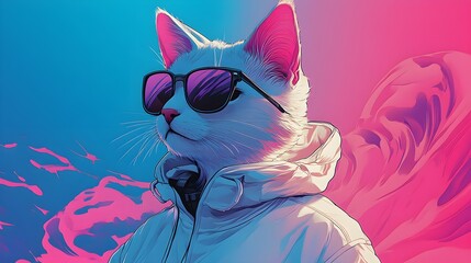 Side profile of a cat-headed character vibing to music, sporting sunglasses and white jacket, colorful pink and blue gradient swirling behind