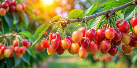 Obraz premium Rainier cherry tree branch full of ripe sweet cherries in a fruit farm garden , Rainier cherry, harvest season, sweet cherry