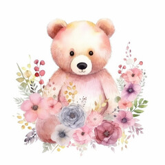 Cute Watercolor Teddy Bear Amidst Flowers Illustration - Perfect for Children's Room Decor and Baby Shower Invitations
