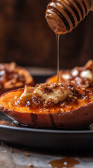 A front view of a BBQ sweet potato, sliced open and topped with butter, cinnamon, and a drizzle of honey