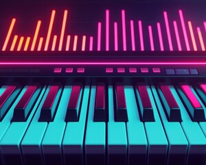 Fototapeta premium A vibrant, modern piano with illuminated keys and an audio equalizer display showcasing colorful sound waves.