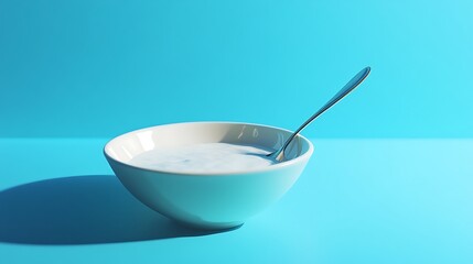 Bowl of yogurt with spoon on blue background.