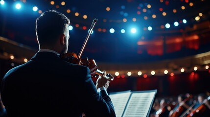 Fototapeta premium A violinist performs on stage, illuminated by bright lights, with music sheets in front, captivating an audience in a grand theater setting.