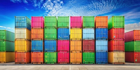 Fototapeta premium Colorful shipping containers lined up at a port, Shipping, containers, cargo, colorful, port, transportation