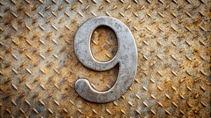 A weathered steel plate with a large, silver nine embossed on its surface, against a backdrop of diamond-shaped patterns