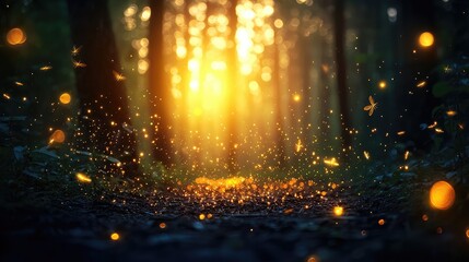 Serene View of Glowing Fireflies in Dark Forest