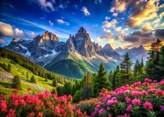 Fototapeta premium Breathtaking Mountain Landscape with Blooming Pink Flowers for Stunning HDR Photography
