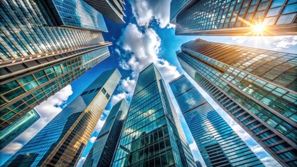 Captivating upward view of modern skyscrapers with sleek glass facades , cityscape, urban, architecture