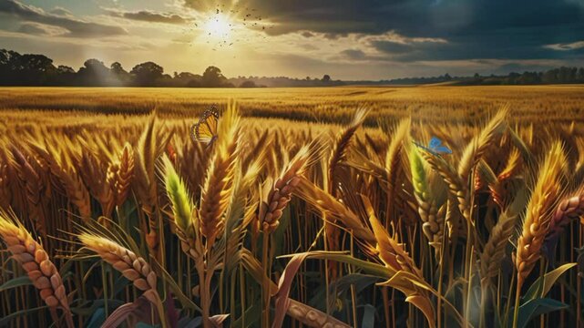 Beautiful butterflies among the ears of wheat, seamless 4K virtual video animation background