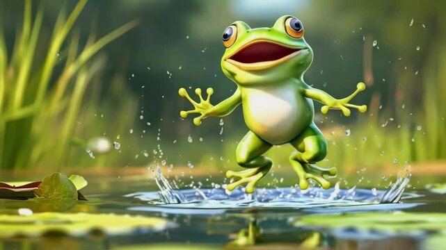 Cartoon Frog Jumping in a Pond